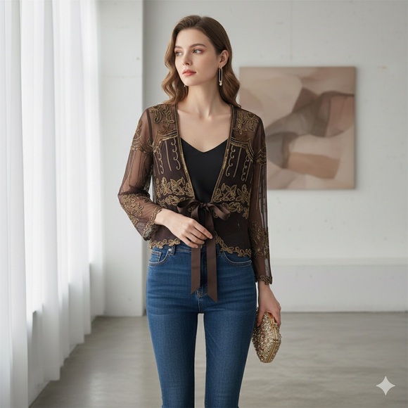 Vintage Marina Silk Sequin Embellished Shrug - Stunning Brown Sheer Jacket! - Picture 3 of 7